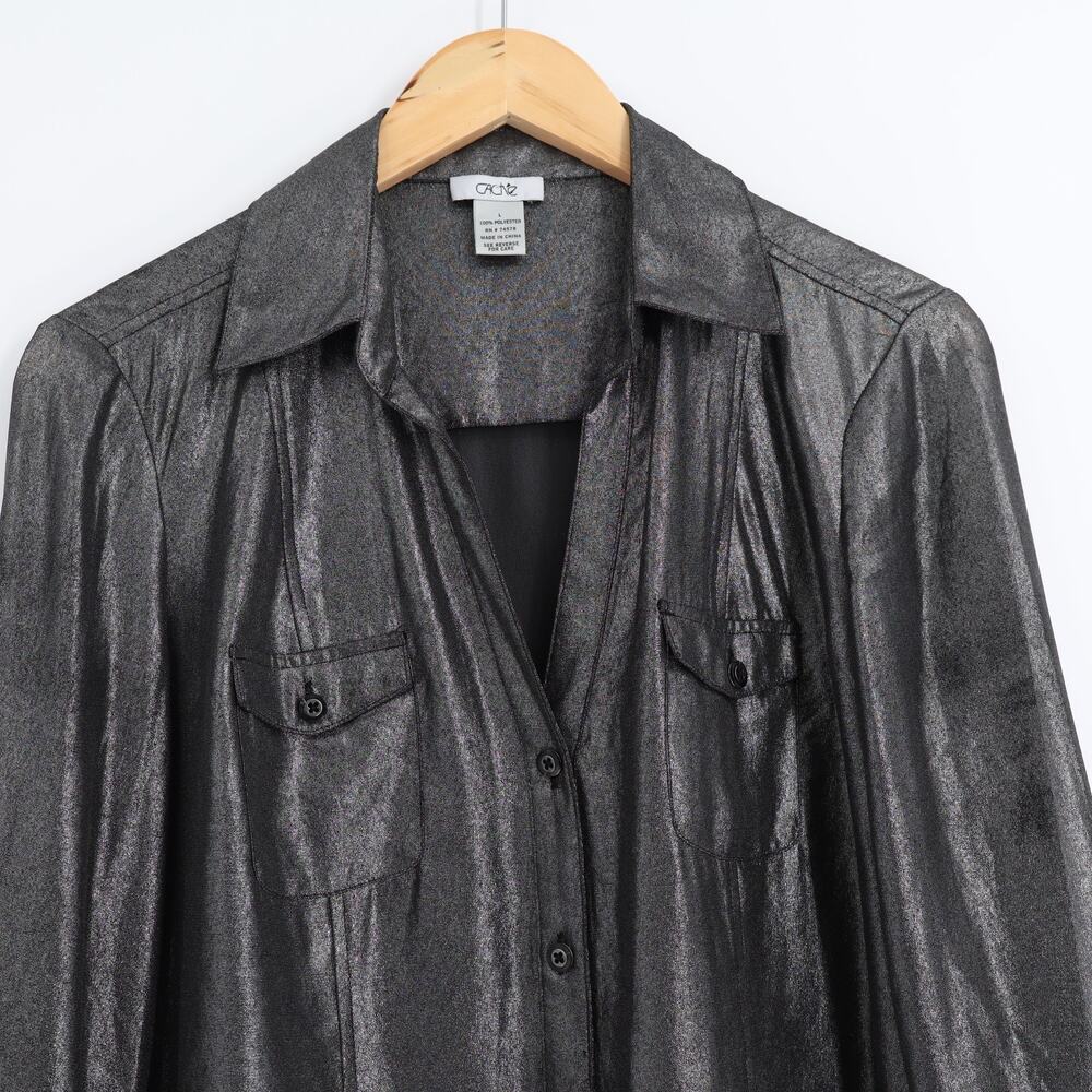 Cache Sz L Women's Metallic Black Silver Shirt Long Sleeve Semi Sheer Party - Picture 4 of 9